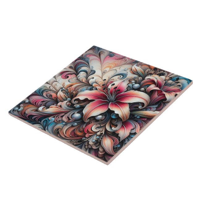 Colorful Lily Patterns With Fractal Design Ceramic Tile (Side)