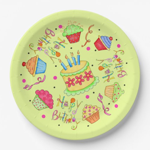 Colorful Lime Green Cupcakes Cake Happy Birthday Paper Plates