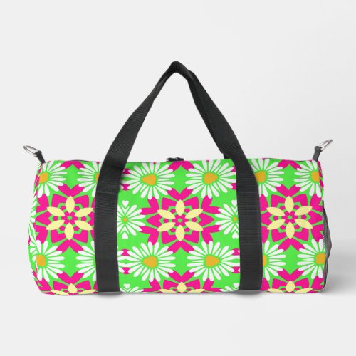 Colorful Lime Green  Hot Pink Daisy Pattern Duffle Bag