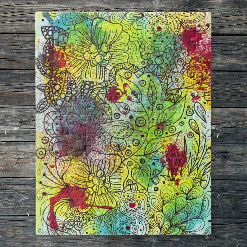 Colorful Line Art Ink and Watercolor Splashes Jigsaw Puzzle