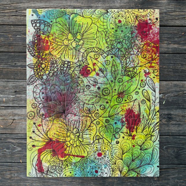 Colorful Line Art Ink and Watercolor Splashes Jigsaw Puzzle (Creator Uploaded)