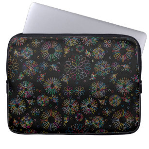 Colorful Line Art Spirals Flowers Pattern on Black Laptop Sleeve