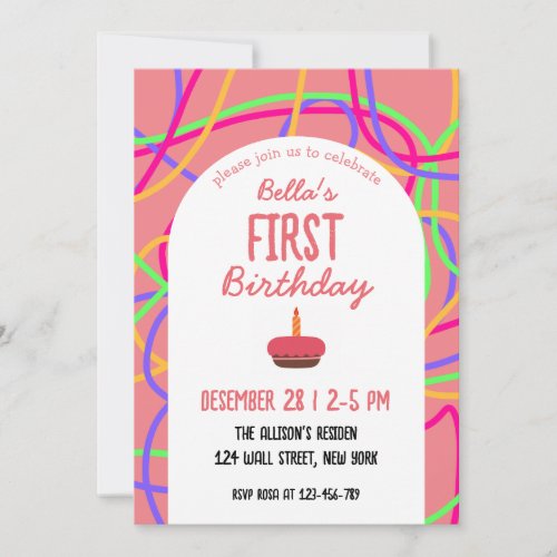 Colorful Line Pink 1st Birthday Party Invitation