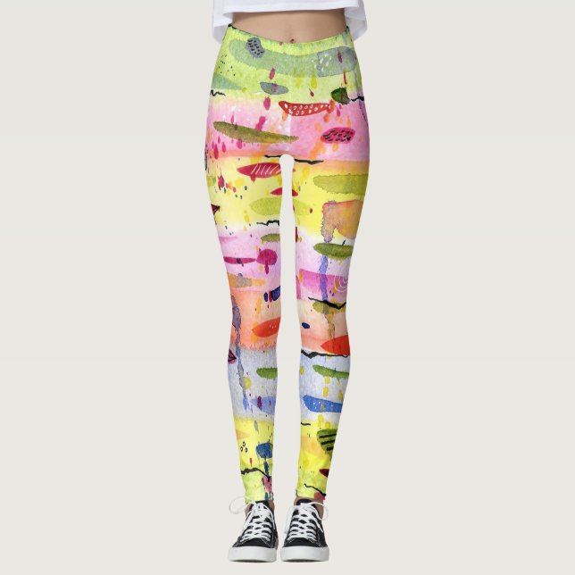 Colorful Lines Watercolor Abstract Leggings (Front)