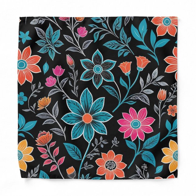 Colorful Linoprint Floral Pattern Bandana (Front)