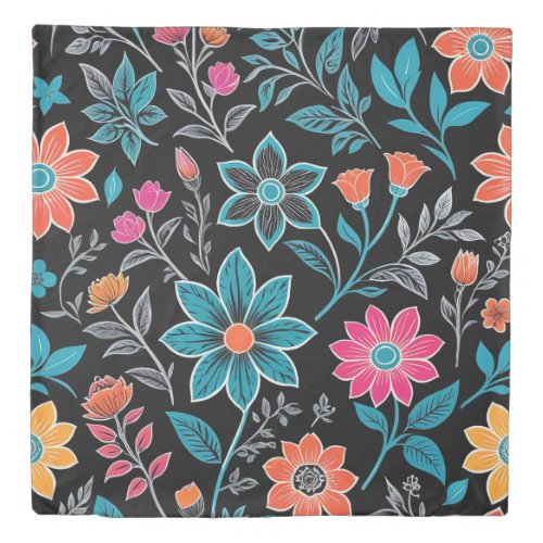 Colorful Linoprint Floral Pattern Duvet Cover