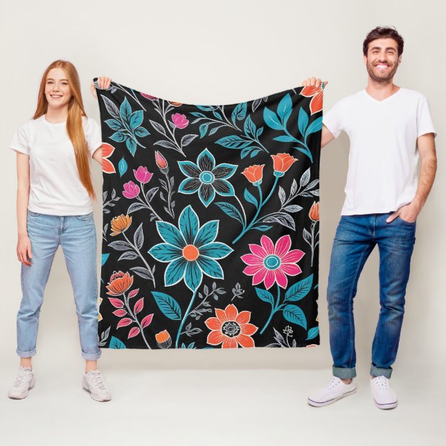 Colorful Linoprint Floral Pattern Fleece Blanket (In Situ)