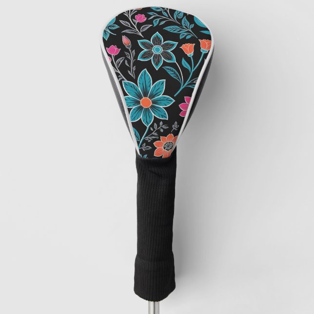 Colorful Linoprint Floral Pattern Golf Head Cover (Front)