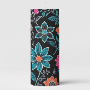 Colorful Linoprint Floral Pattern Pillar Candle