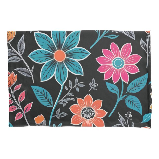 Colorful Linoprint Floral Pattern Pillow Case (Front)