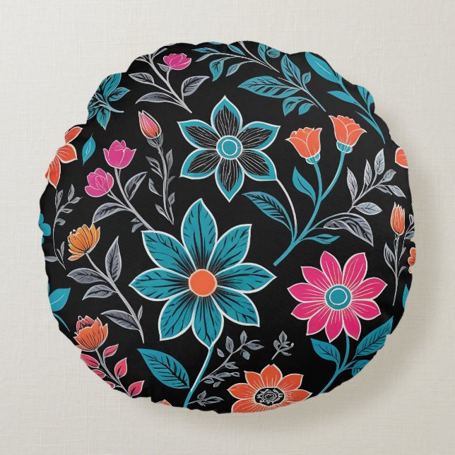 Colorful Linoprint Floral Pattern Round Pillow (Front)