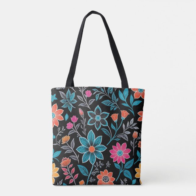 Colorful Linoprint Floral Pattern Tote Bag (Back)