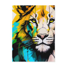 Colorful Lion blue and yellow piercing eyes 5x7”