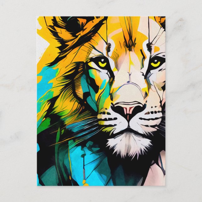 Colorful Lion blue and yellow piercing eyes 5x7” Postcard (Front)
