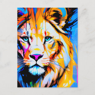 Colorful Lion blue white yellow piercing eyes 5x7” Postcard