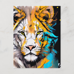 Colorful Lion blue white yellow piercing eyes 5x7” Postcard