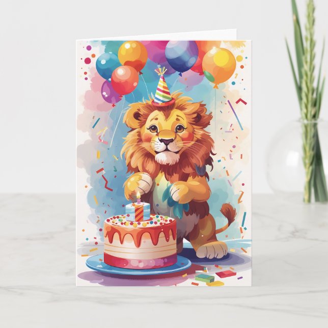 Colorful Lion Celebrating at Celebration Party Card (Front)