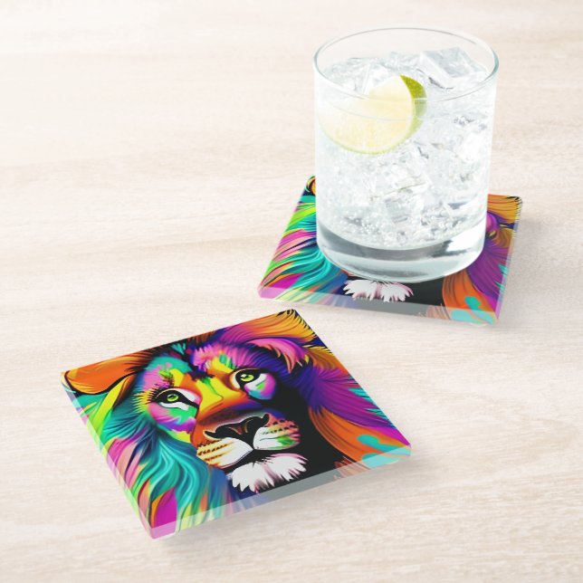 Colorful Lion Digital Art Glass Coaster (Angled)