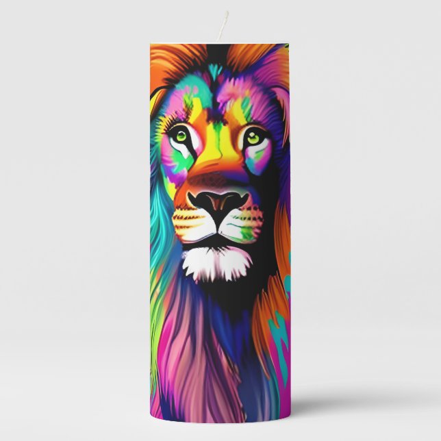 Colorful Lion Digital Art Pillar Candle (Front)