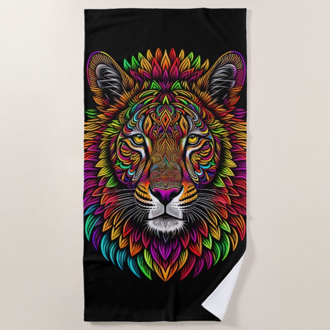 Colorful Lion Drawing Beach Towel (Front)