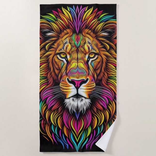 Colorful Lion Drawing Beach Towel (Front)