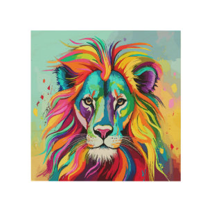 Colorful Lion Head Portrait Wood Wall Art