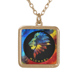 Colorful Lion King Watercolor Monogram for Him Gold Plated Necklace