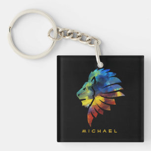 Colorful Lion King Watercolor Monogram for Him Keychain