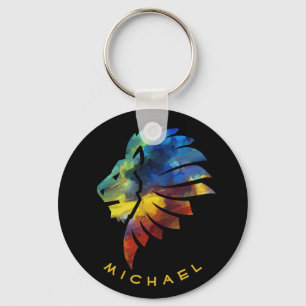 Colorful Lion King Watercolor Monogram for Him Keychain