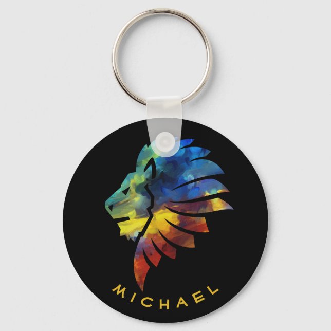 Colorful Lion King Watercolor Monogram for Him Keychain (Front)