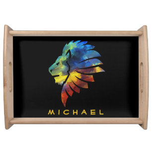 Colorful Lion King Watercolor Monogram for Him Serving Tray