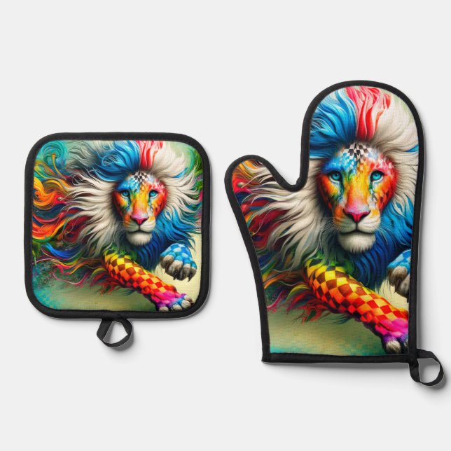 Colorful Lion Oven Mitt & Pot Holder Set (Front)