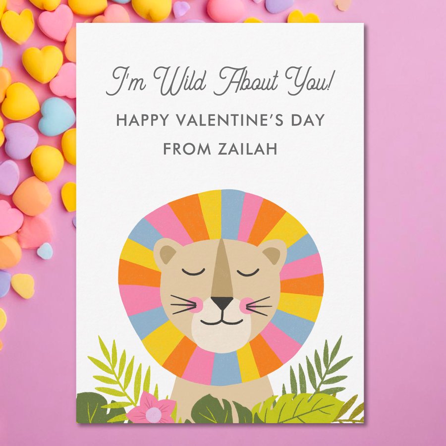 Colorful Lion Wild About You Kids Valentine's Day                    Holiday Card