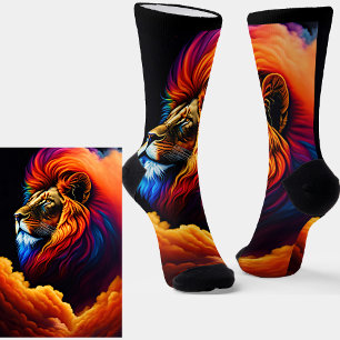 Colorful Lion with Cloud Smoke Mane on Black  Socks