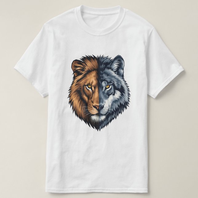 Colorful Lion Wolf Split Face Illustration  T-Shirt (Design Front)