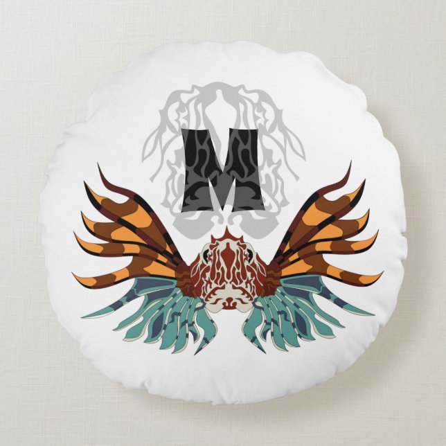 Colorful Lionfish Monogram Round Pillow (Front)