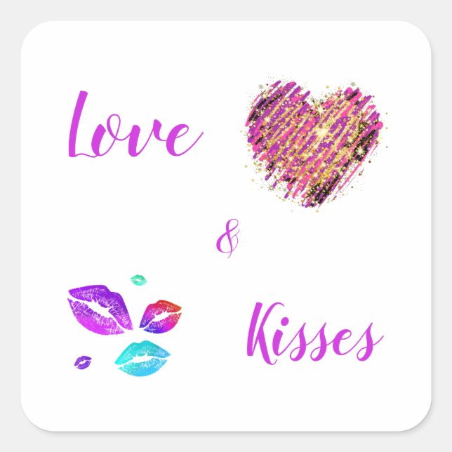 Colorful Lips With Love & Kisses Square Sticker (Front)