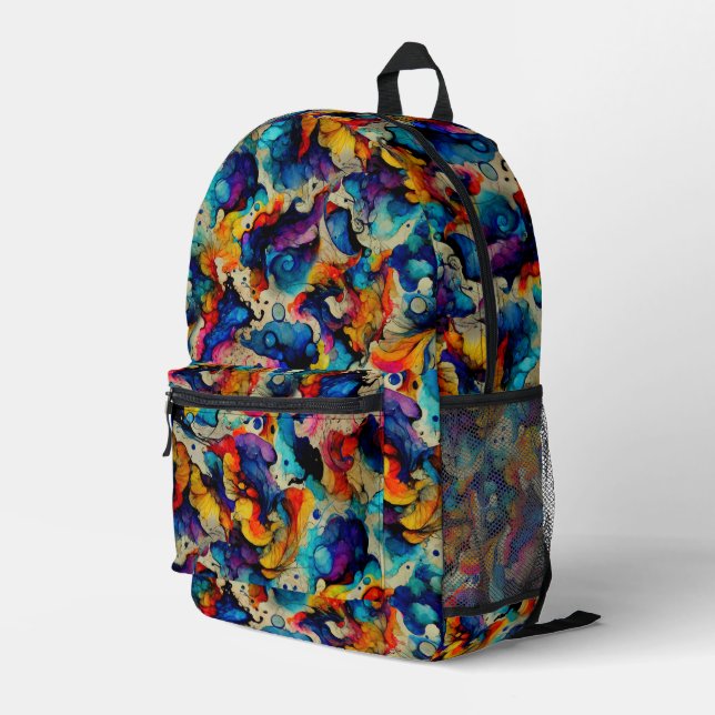Colorful Liquid Ink Abstraction Pattern Printed Backpack (Back Corner Right)