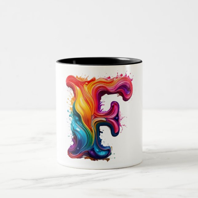 Colorful Liquid Letter "F" Mug – Vibrant 3D Paint  (Center)