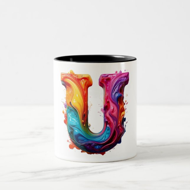 Colorful Liquid Letter "U" Mug – Vibrant 3D Paint  (Center)