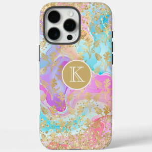Colorful Liquid Marble Gold Floral Monogram iPhone 16 Pro Max Case