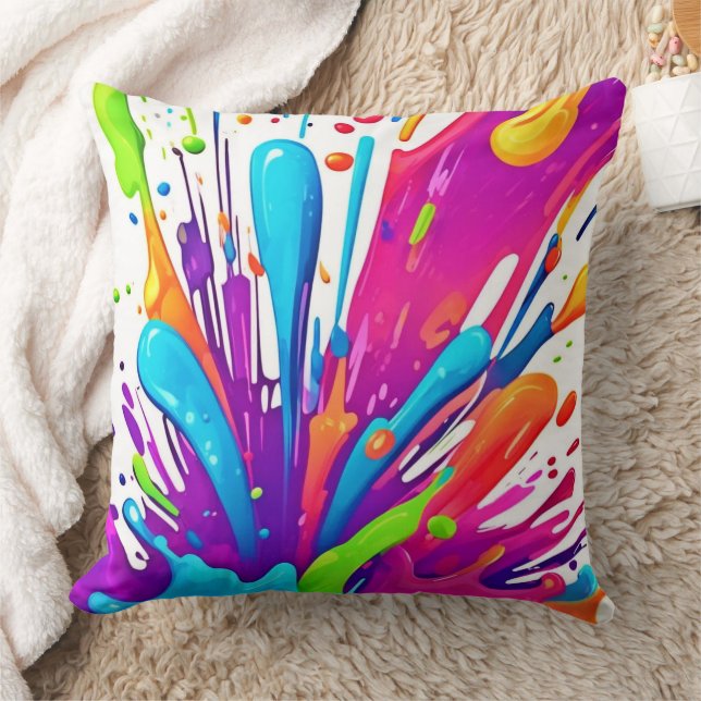 Colorful Liquid Paint Splashes Throw Pillow (Blanket)