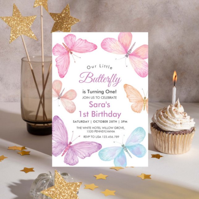 Colorful Litlle Butterfly Girl' 1st Birthday  Invitation (Creator Uploaded)