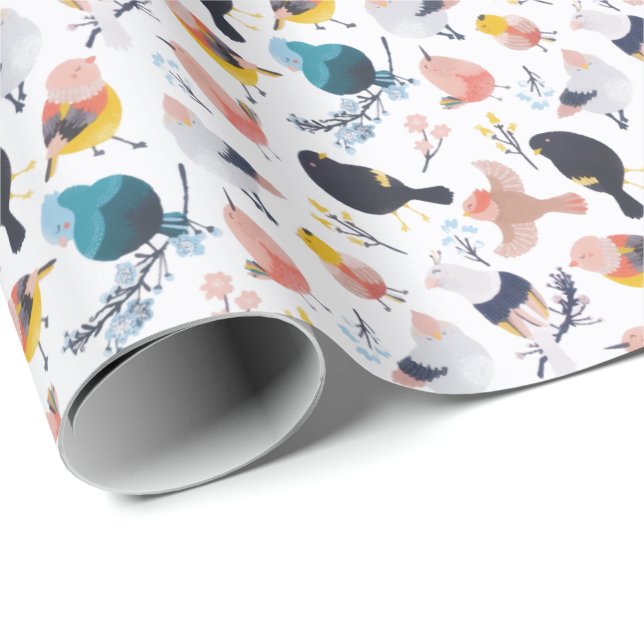 Colorful Little Birds Floral Botanical Paradise Wrapping Paper (Roll Corner)