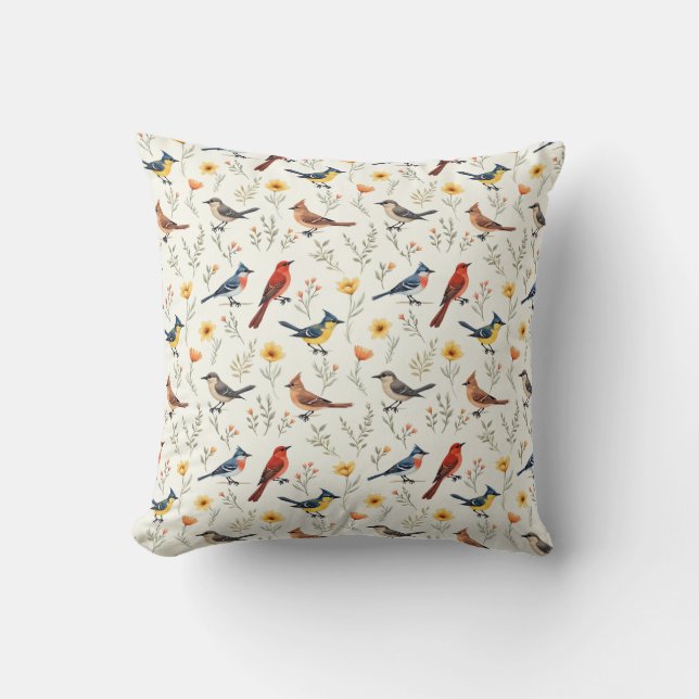 Colorful Little Birds Throw Pillow (Front)
