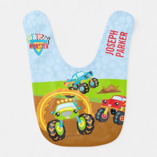 Colorful Little Boy Monster Trucks with First Name Baby Bib