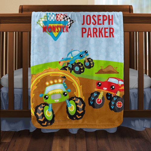 Colorful Little Boy Monster Trucks with First Name Baby Blanket