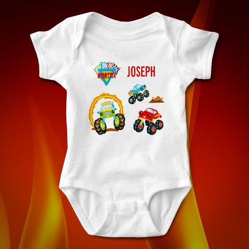 Colorful Little Boy Monster Trucks with First Name Baby Bodysuit