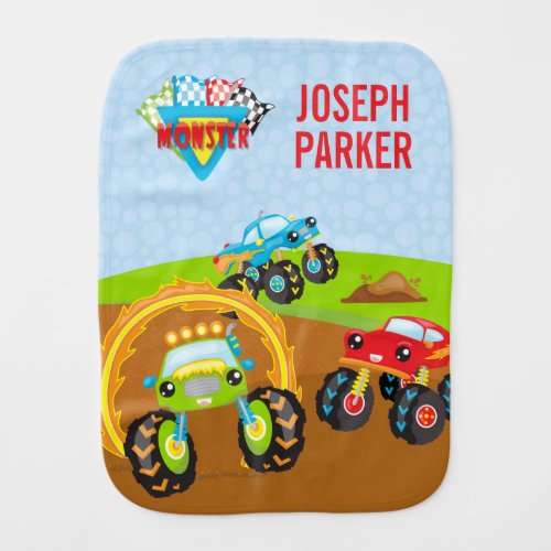 Colorful Little Boy Monster Trucks with First Name Baby Burp Cloth