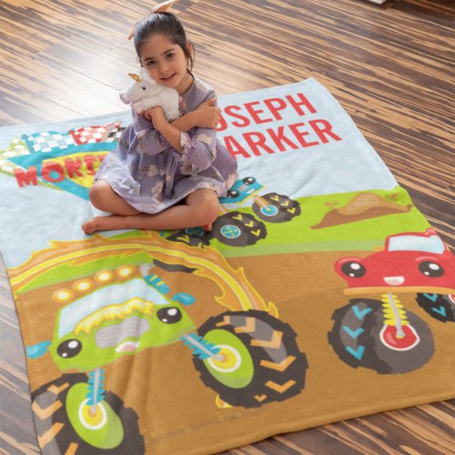 Colorful Little Boy Monster Trucks with First Name Fleece Blanket